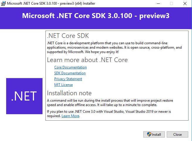 .Net Core 3.0 SDK Installing